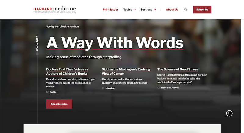 Screenshot of Harvard Medical Magazine website homepage.