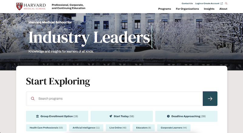Screenshot of Harvard Medical School website homepage.