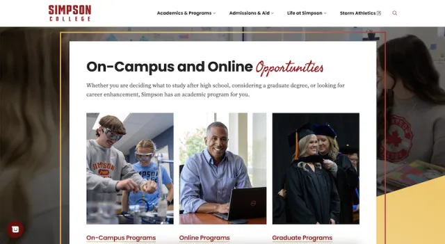 Screenshot of Simpson College website homepage.