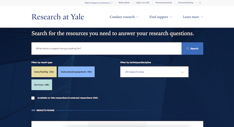 Screenshot of Yale Cores Research website.